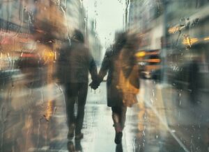 Une image floue de deux personnes se tenant la main, marchant dans la ville de nice sous la pluie